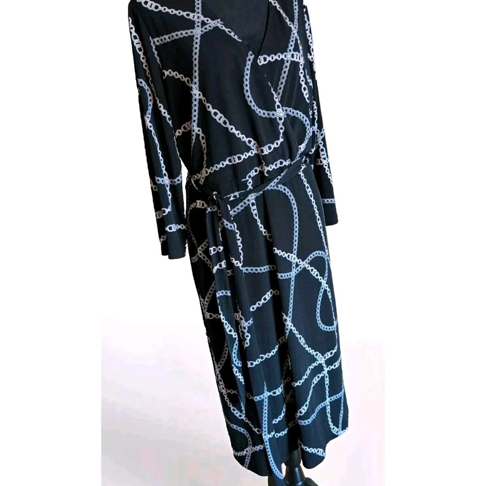 SZ Large Ann Taylor Black Chain Print Lined Long Sleeve Dress Belted V Neck EUC